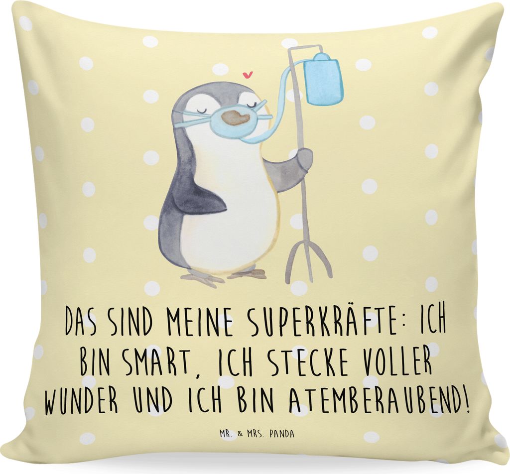 Mr. & Mrs. Panda Zierkissen Pinguin Sauerstoff - Gelb Pastell - Geschenk, kissen für sofa, Polster, Sauerstoffgerät, 40x40, Dekokissen, Sofakisse...