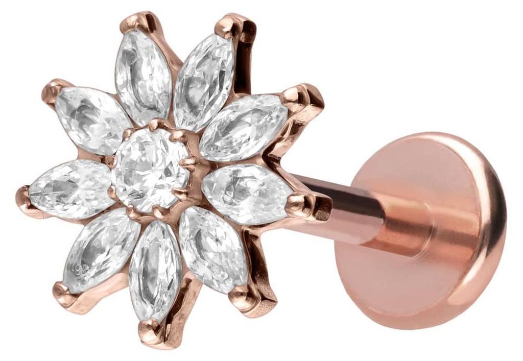 Ohrpiercing, Nasenpiercing Titan Labret mit Push Fit KRISTALLBLUME RoséGold Stablänge: 9mm | Stabstärke: 1mm
