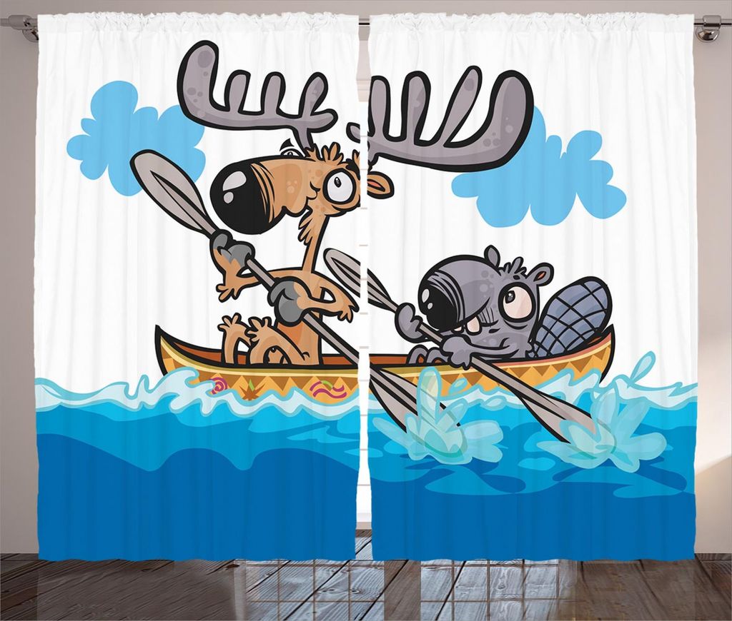 ABAKUHAUS Elch Rustikaler Vorhang, Einheimische Tiere Cartoon, Wohnzimmer Universalband Gardinen mit Schlaufen und Haken, 280 x 225 cm, Weiß Braun...