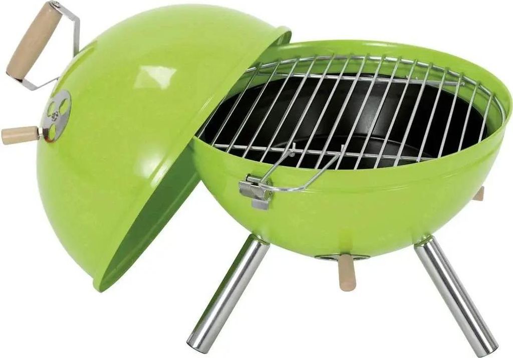 A bright green charcoal grill with its lid open, showing the cooking grate inside. The grill is supported by three silver legs with wooden accents.