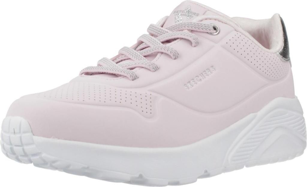 A single pink Skechers sneaker is shown from a side angle against a white background.
