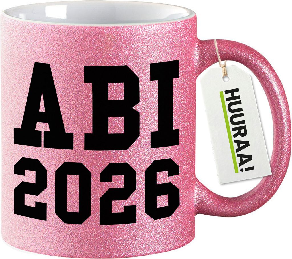 Huuraa Glitzertasse ABI 2026 Abitur 330ml Pink Keramik Kaffeebecher Geschenkidee