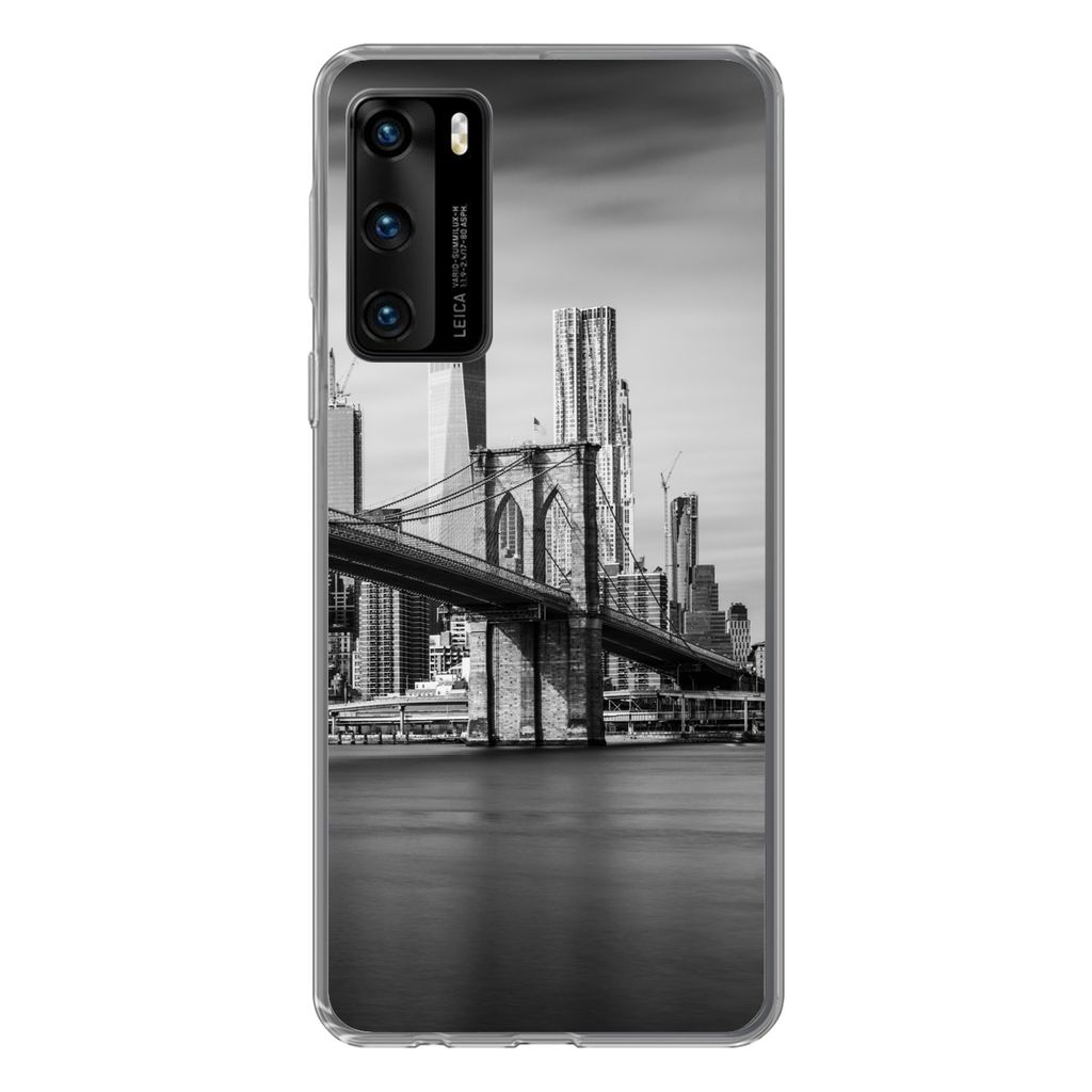 MuchoWow Handyhülle Schutzhülle Hülle für Huawei P40 Architektur - New York - Brooklyn Bridge - Wasser - Schwarz und weiß Silikon Softcase H...