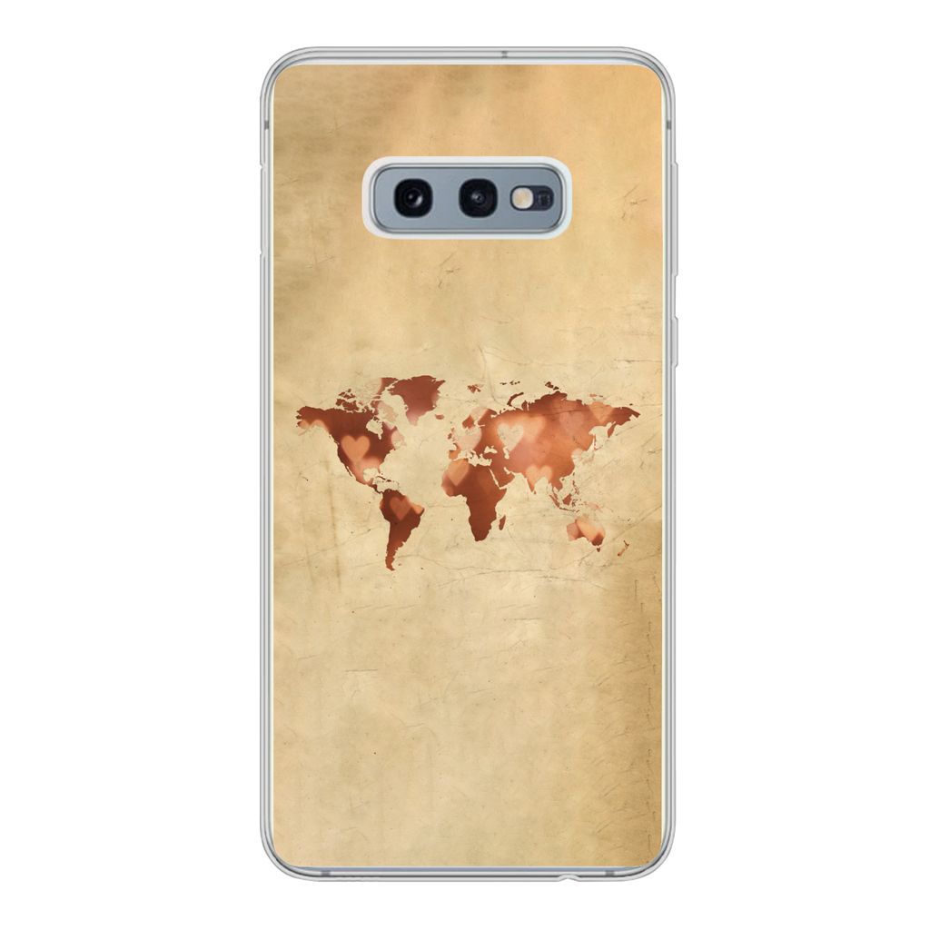 MuchoWow Handyhülle Schutzhülle Hülle für Samsung Galaxy S10e Weltkarte - Herz - Braun Silikon Softcase Handy Hülle - Handy