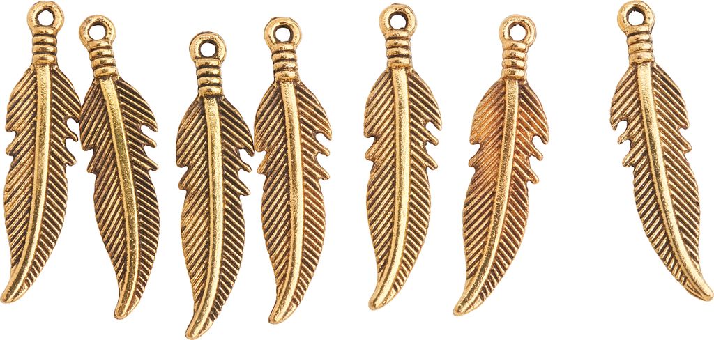 UIT Charms Anhänger Federn Set 7 Stück 7 mm breit 27 mm lang 1 mm Öse Gold