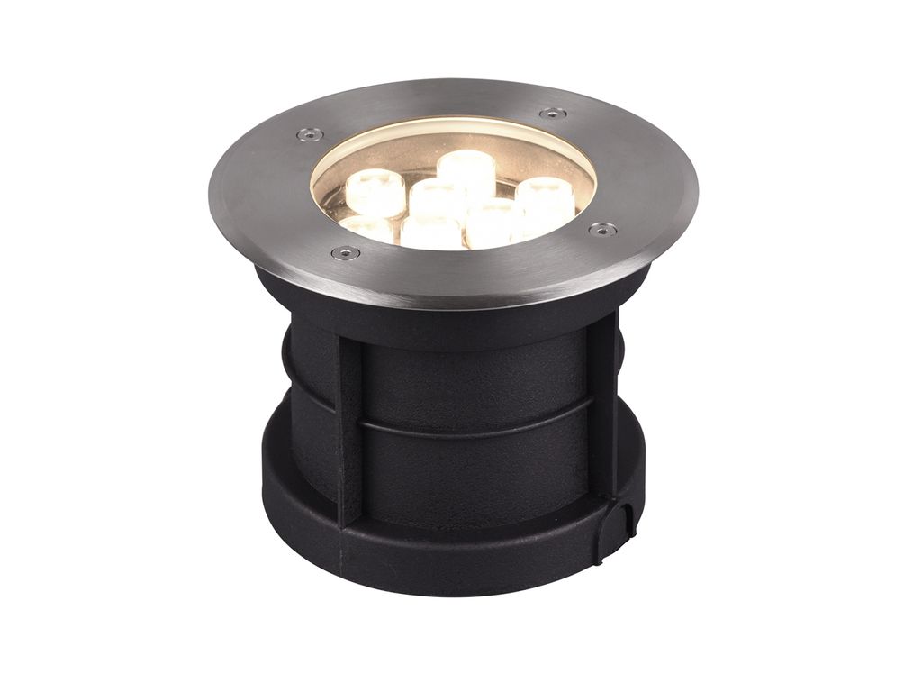 A round, recessed ground spotlight with a stainless steel rim and black housing, featuring multiple white LED lights.