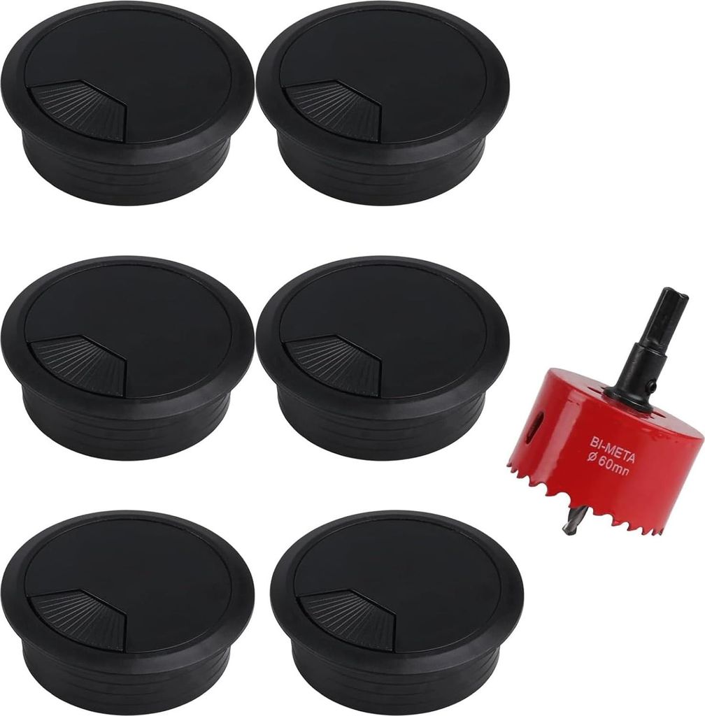 Lochsäge 60mm mit 6 Stück Kabeldurchführung Schreibtisch Kabeldurchführung Tisch, Lochbohrer Set Bohrkrone, Lochkreissäge, Kabeldurchlass Kabe...