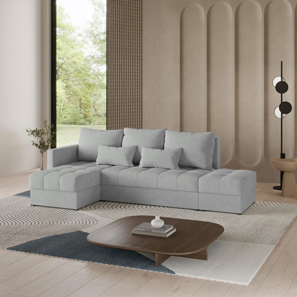 Masseno Ecksofa LUMARI L-S mit Schlaffunktion L-Form, Sofa mit Bettkasten, Wohnzimmersofa, Couch, Soffa, Bettsofa, Couchgarnitur- Hellgrau, PAROS 05