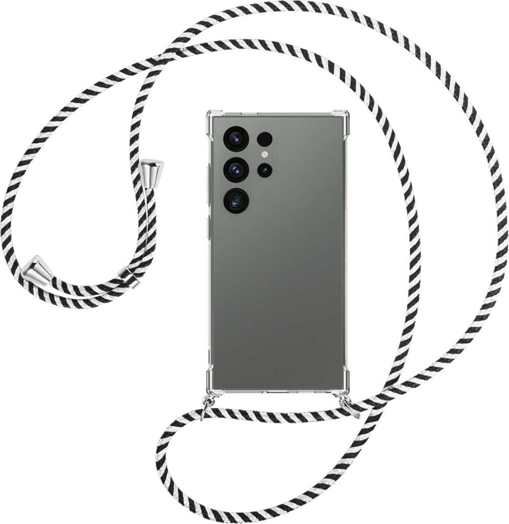 Handykette Backcover-Schutzhülle mit Band (Metall silberfarben) für Samsung Galaxy S24 Ultra - schwarz/weiß gestreift
