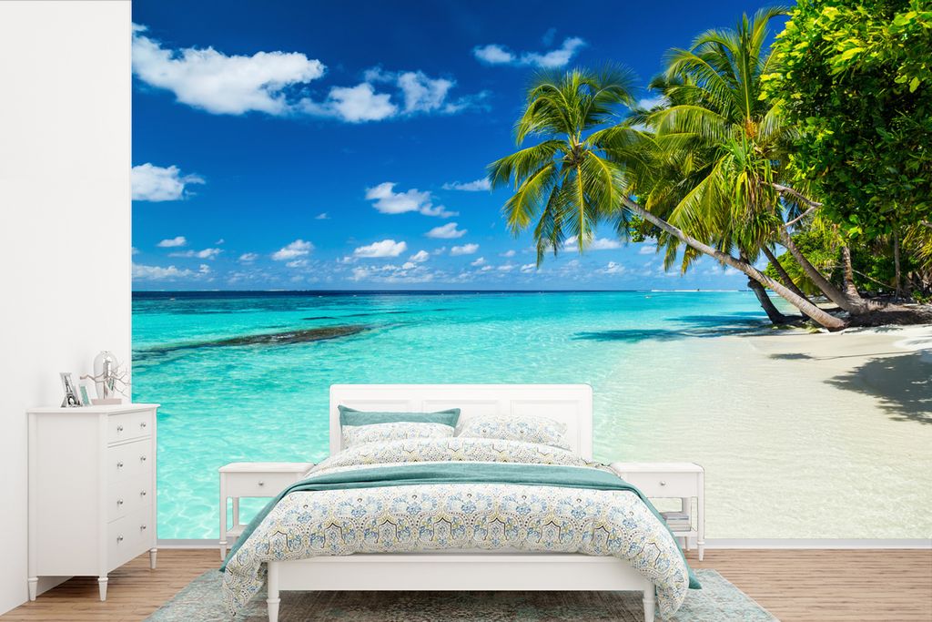 MuchoWow Fototapete für Wohnzimmer oder Schlafzimmer Wandtapete Vinyl Motivtapete Palmen - Strand - Meer - Sommer - 525x350 cm - Das Hintergrund...