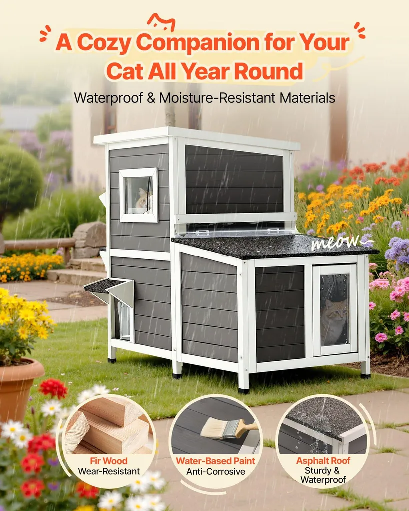Abri pour chats de jardin - Maison bois 2 niveaux pour chats d'extérieur - 4