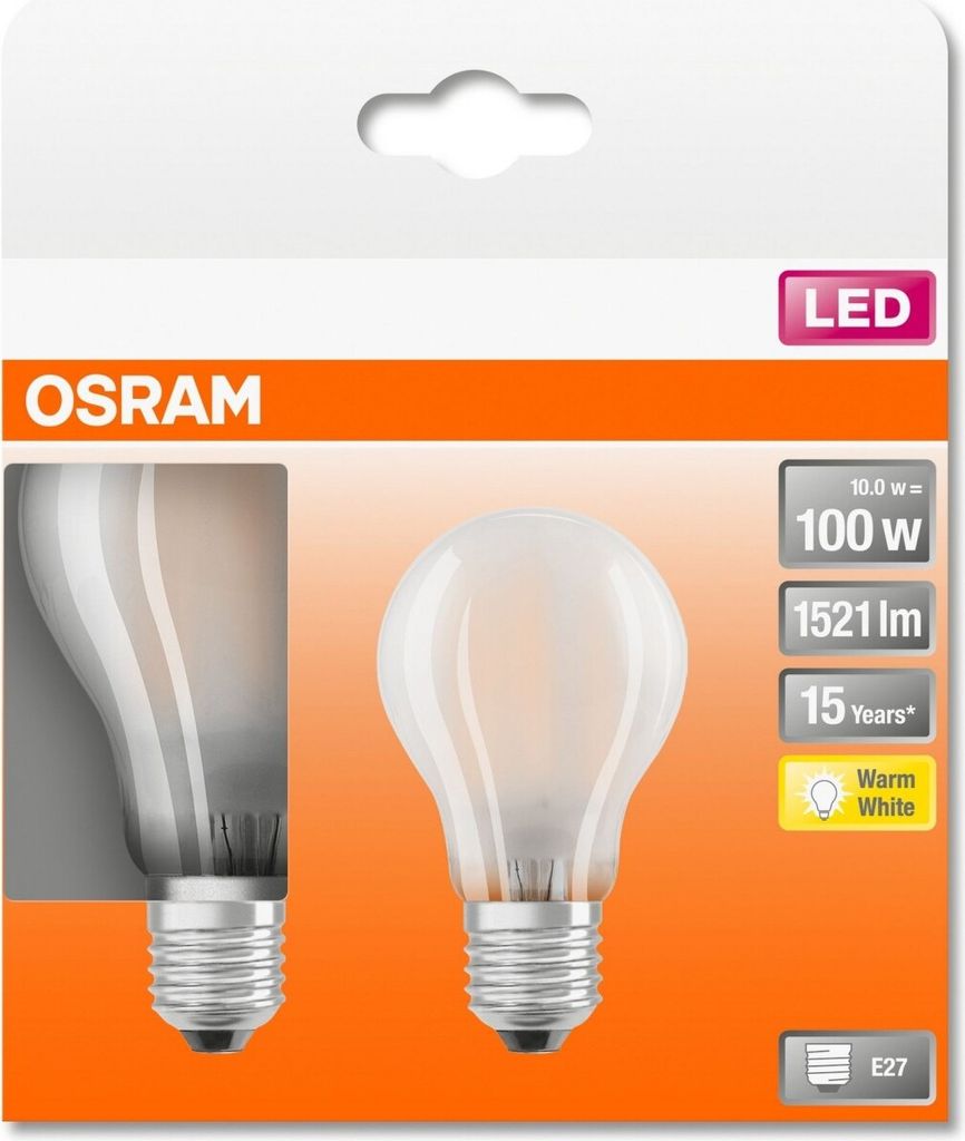 OSRAM Retrofit E27 LED Birne 10W A100 2-er Pack Filament matt warmweiss wie 100W 4058075434042