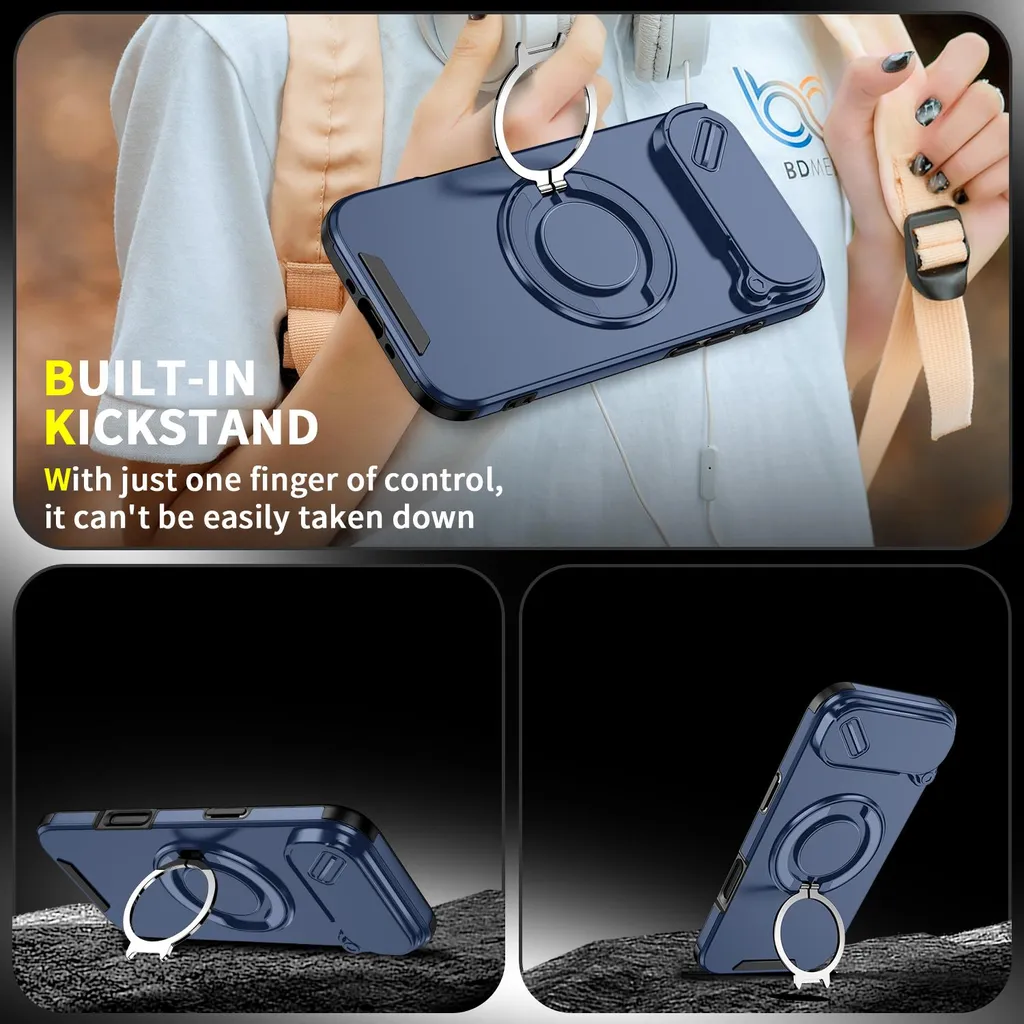 Custodia a doppio strato per iPhone Air, con copertura scorrevole della fotocamera e supporto magnetico ad anello Blu - 4