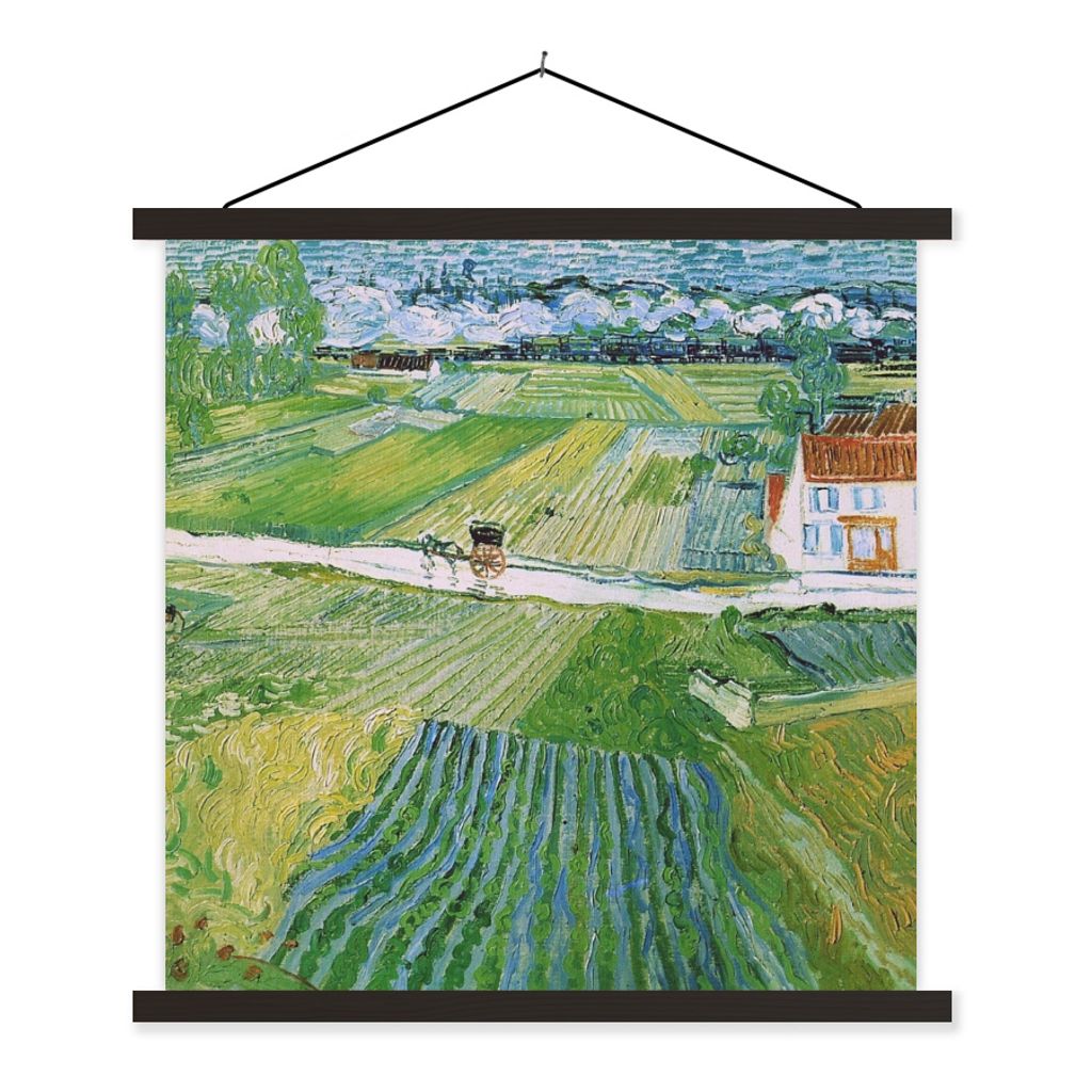MuchoWow Textilposter Landschaft mit Kutsche und Zug - Vincent van Gogh 120x120 cm mit schwarzem Rahmen - Aufhängungsset