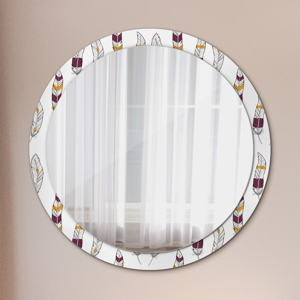 Ø100cm Spiegel - Glasrahmen mit Aufdruck - Wandspiegel Schlafzimmer - Federn