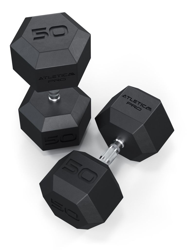 ATLETICA Hexagon Hanteln PRO | 2x50kg | Paarweise | Stoßdämpfende CPU-Ummantelung höchster Qualität | Für Drops geeignet | Hartverchromter Griff