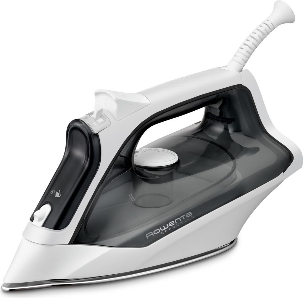 A studio shot of a white and black Rowenta steam iron against a white background.