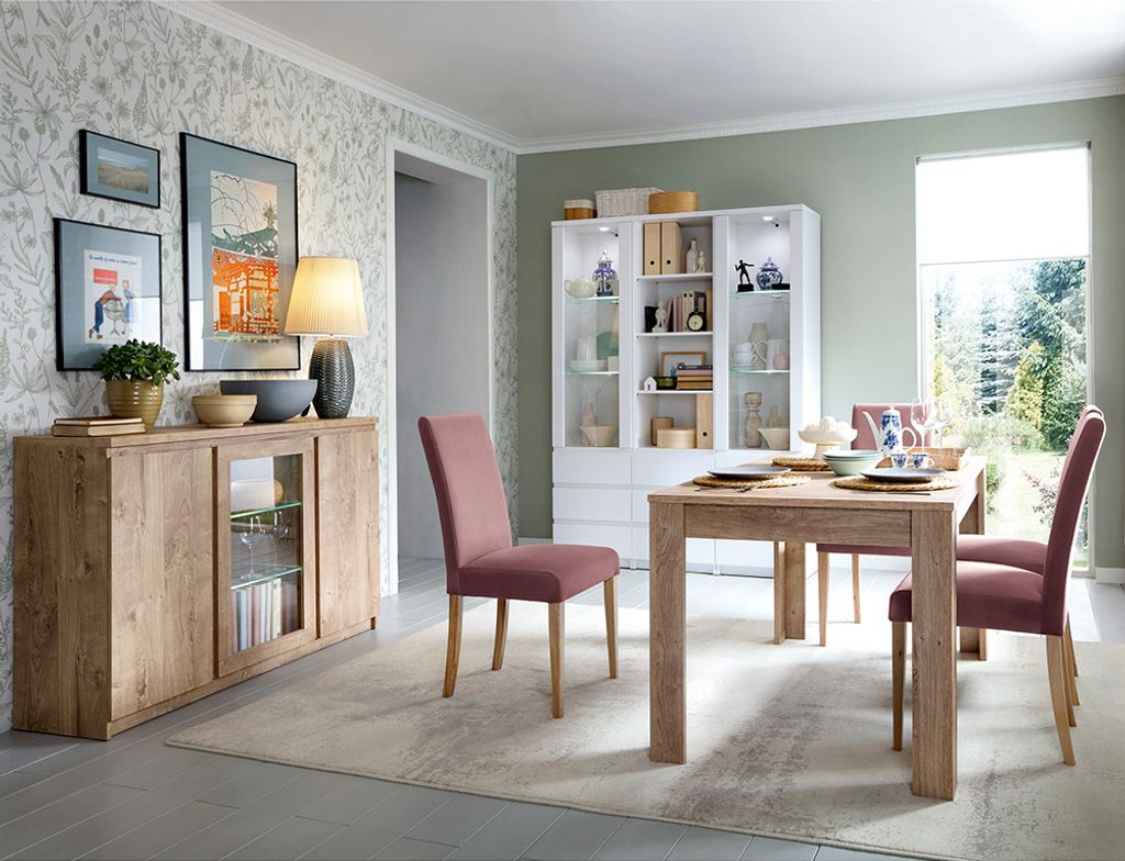 Esszimmer Set in weiß und Eiche FORTALEZA-129 5-teilig mit Ausziehtisch 140-180cm