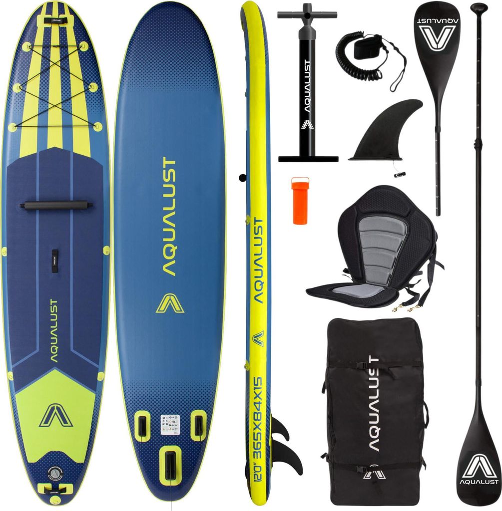 AQUALUST 12.0 iSUP Board Stand Up Paddle Surfboard aufblasbar Komplettset 365cm - Inhalt: Boardset+Kajakpaddel+Deluxe-Sitz