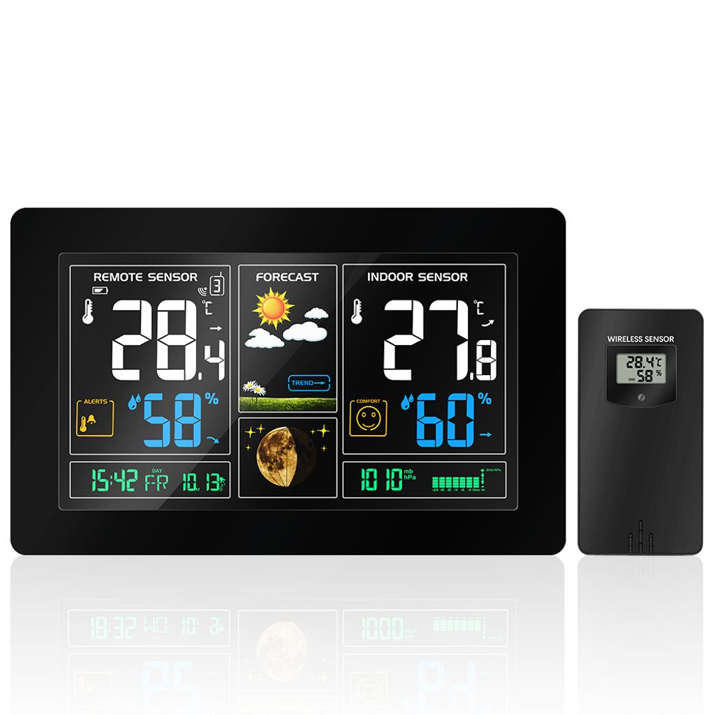 Wetterstation mit Funk-Außen-Farbdisplay-Sensor, Multifunktions-Funk-Wetterstation, Thermometer, Hygrometer, Innen und Außen