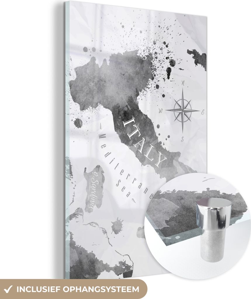 MuchoWow Glasbilder - Bilder auf Wandbild - Foto auf Glas Italien - Karte - Aquarell 60x90 cm Wanddekoration aus Glas - Acrylglasbild - Acrylbilder...