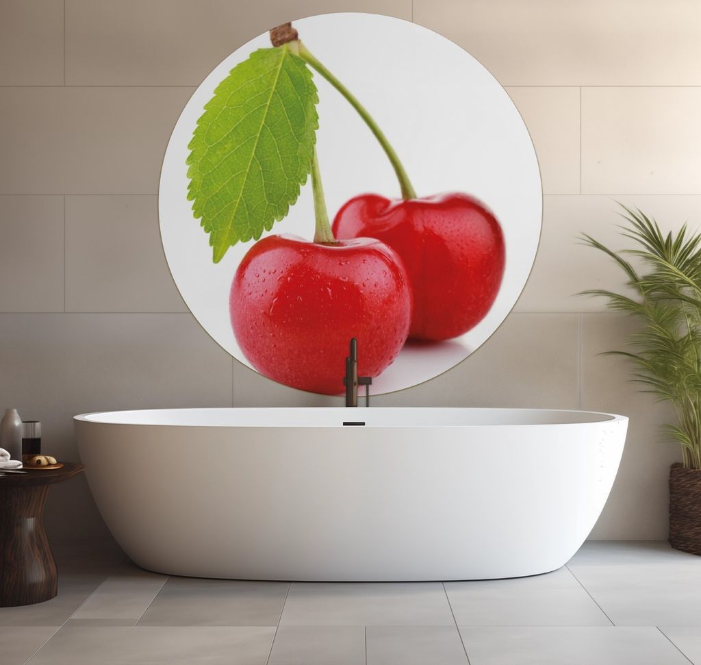Wallario wasserfestes Poster selbstklebend 120 x 120 cm, Saftige Süß-Kirschen mit grünem Blatt, Badezimmerposter Spritzschutz mit Hochglanzoberf...