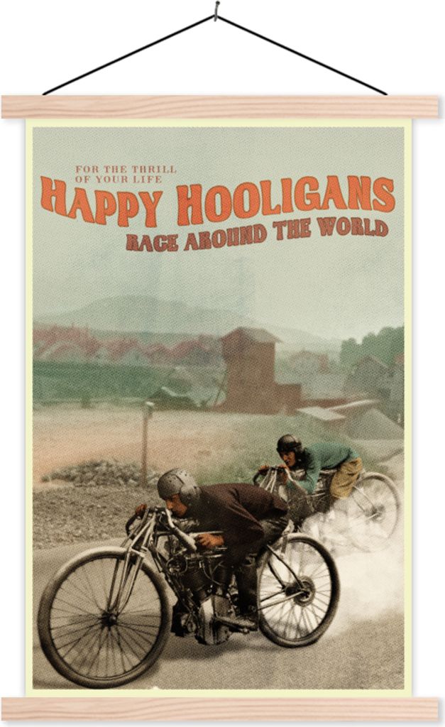 MuchoWow Textilposter Mancave - Motorrad - Vintage - Zitat 60x90 cm mit holzfarbenen Rahmen - Textil