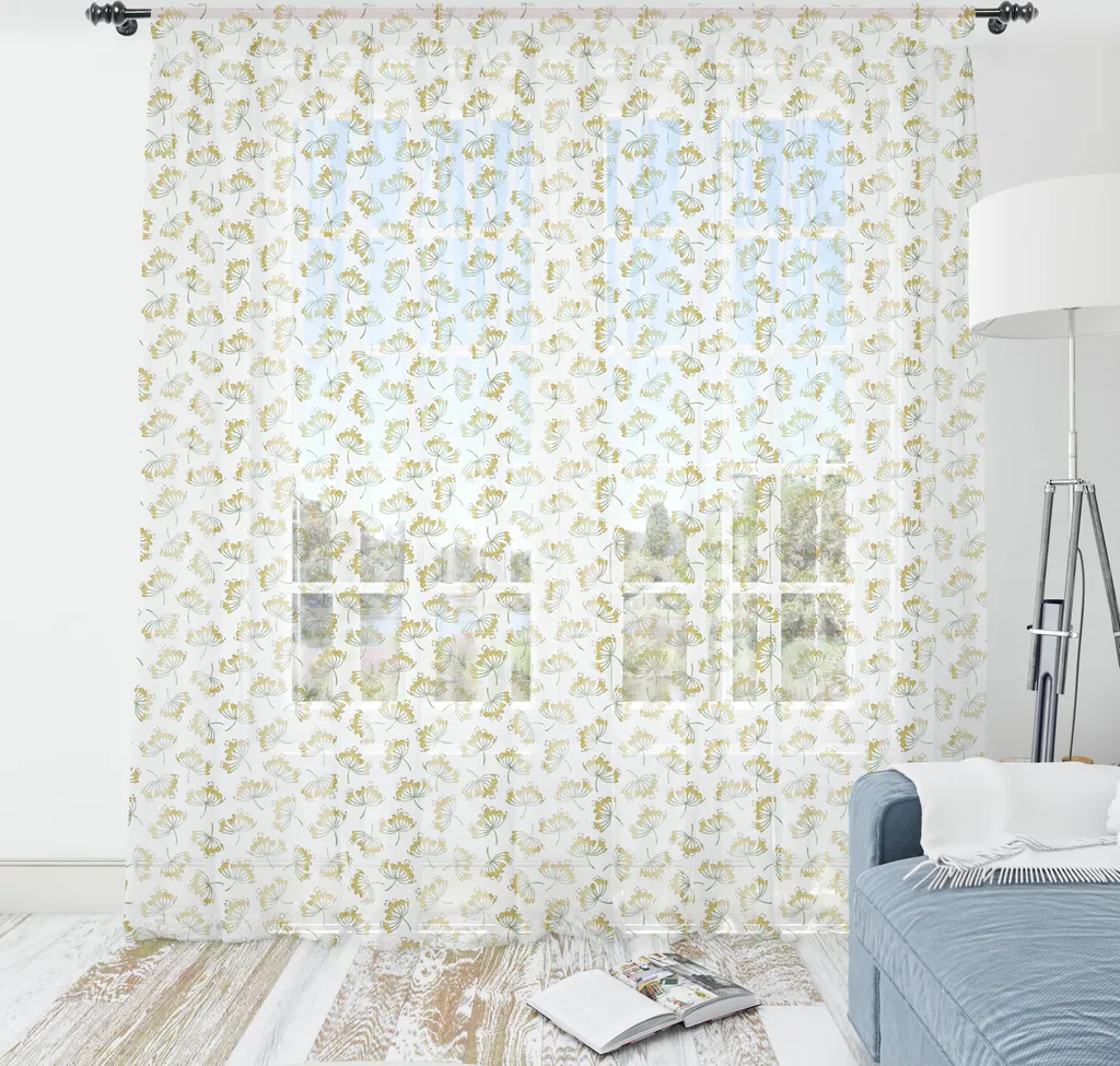 ABAKUHAUS Arazzo floreale, Illustrazione continua semplificata con fiori gialli e aneto, Arazzo in raso setoso per soggiorno e camera da letto, 210 cm x 274 cm, Verde pallido caffè - 1