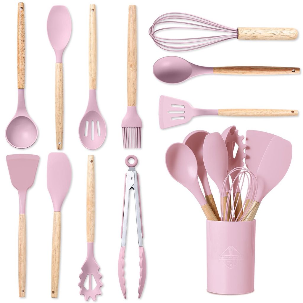 Küchenhelfer-Set aus Silikon – 12-teiliges Set aus Silikon-Küchenhelfern mit Holzgriffen, hitzebeständig, antihaftbeschichtet, leicht zu reini...