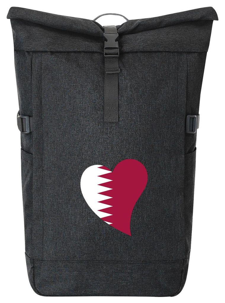 Huuraa Kurierrucksack Katar Flagge Herz 30-44 Liter Black Melange Fairtrade Rolltop Rucksack Geschenkidee
