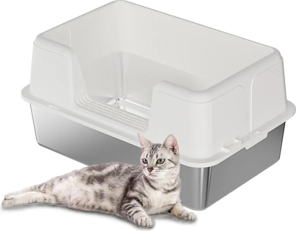 Bac à litière pour chat en acier inoxydable blanc taille M anti-fuites