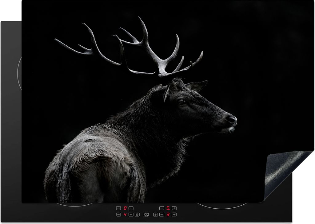 KitchenYeah Herdabdeckplatte Hirsch - Schwarz - Porträt - Geweih - Tiere , 75x52cm, Küche Deko, Glaskeramikkochfeld Herdabdeckung, Abdeckplatte...