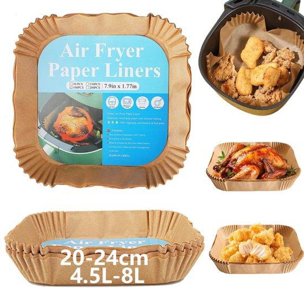 Bakpapier für Luftfritteuse, 4,5-8L, 20-24cm, reines Holzpulver, auf beiden Seiten beschichtet, fett- und anbrenngeschützt, für Luftfritteuse, O...