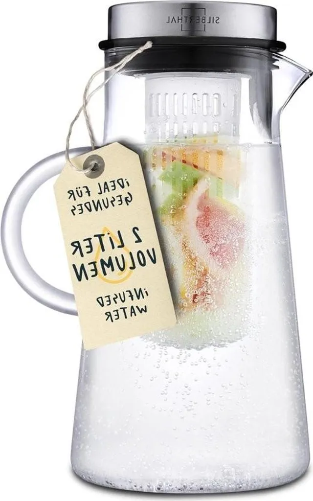 Caraffa per acqua - caraffa in vetro con inserto per frutta - 2 litri - coperchio - lavabile in lavastoviglie - trasparente