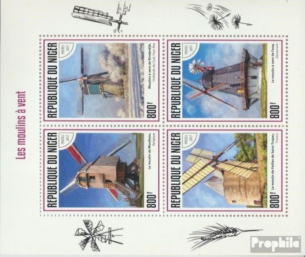Briefmarken Niger 2017 Mi 5107-5110 Kleinbogen (kompl. Ausg.) postfrisch Windmühlen