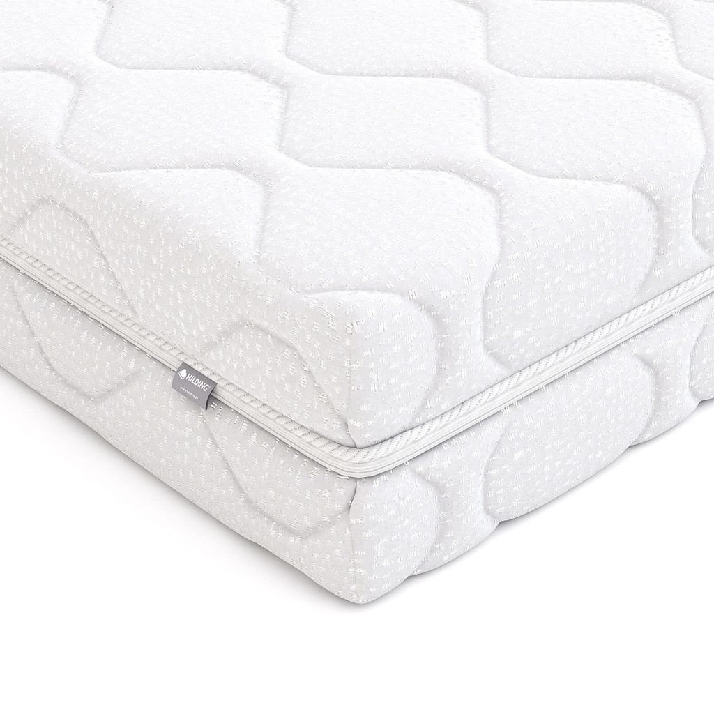A close-up view of a white mattress corner with a quilted pattern and a zipper.