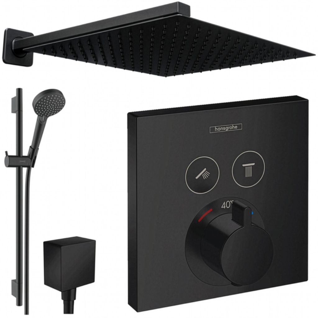 Hansgrohe und Jowi Unterputz Duschsystem ShowerSelect Thermostat, Schwarz, Duscharmatur mit Kopfbrause, 650mm Brausestange, OHNE iBox