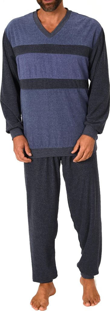 Herren Frottee langarm Schlafanzug Pyjama mit Bündchen - auch in Übergrößen ; blau-mel. , 60