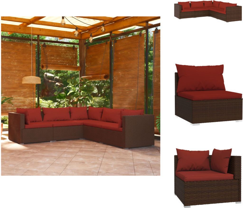 vidaXL 5-tlg. Garten-Lounge-Set mit Kissen Poly Rattan Braun - Gartenmöbel-Sets