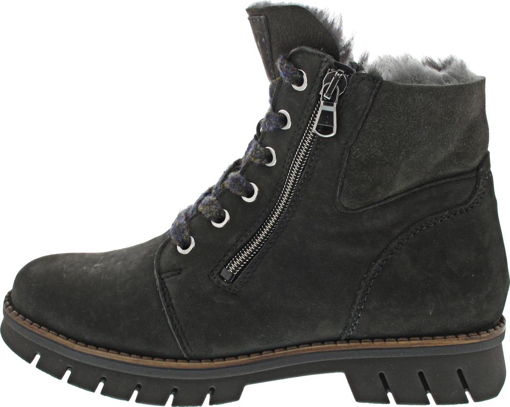 A side view of a dark gray winter boot with fur lining.