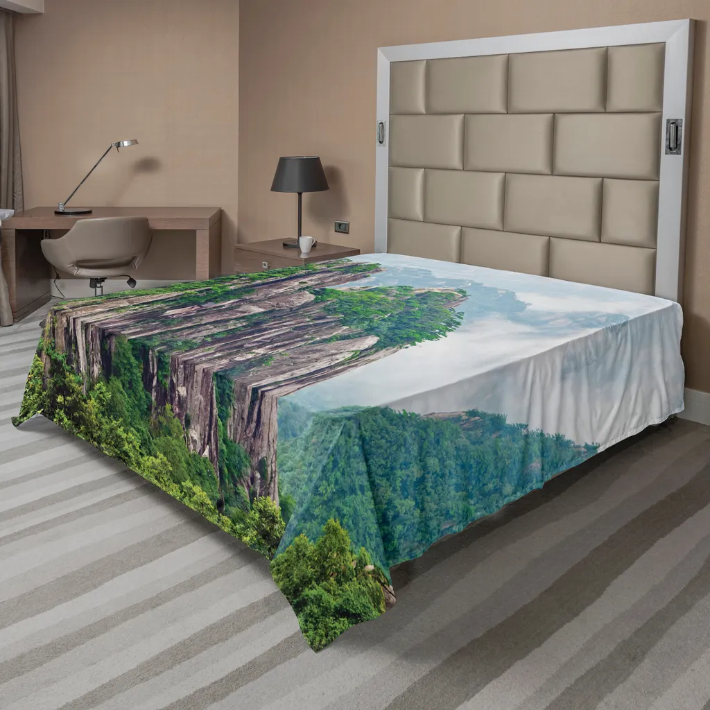 Drap de lit plat motif montagnes et nuages 275 x 260 cm Vert Blanc