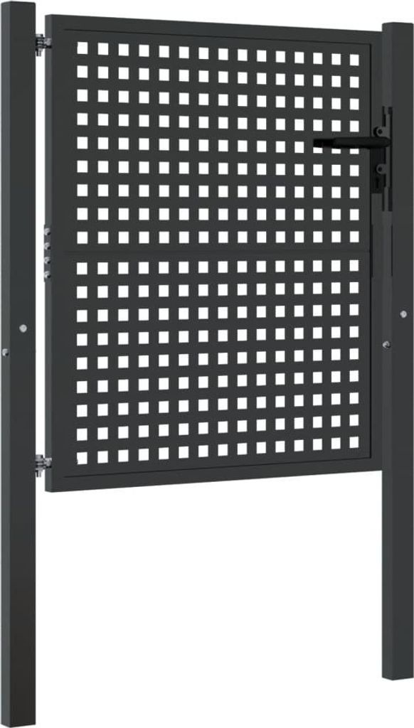 A dark gray metal garden gate with a square grid pattern, mounted on two posts.