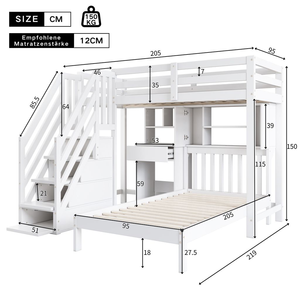 Flieks Etagenbett 90x200cm mit Rausfallschutz, Hochbett mit Produktbild 3