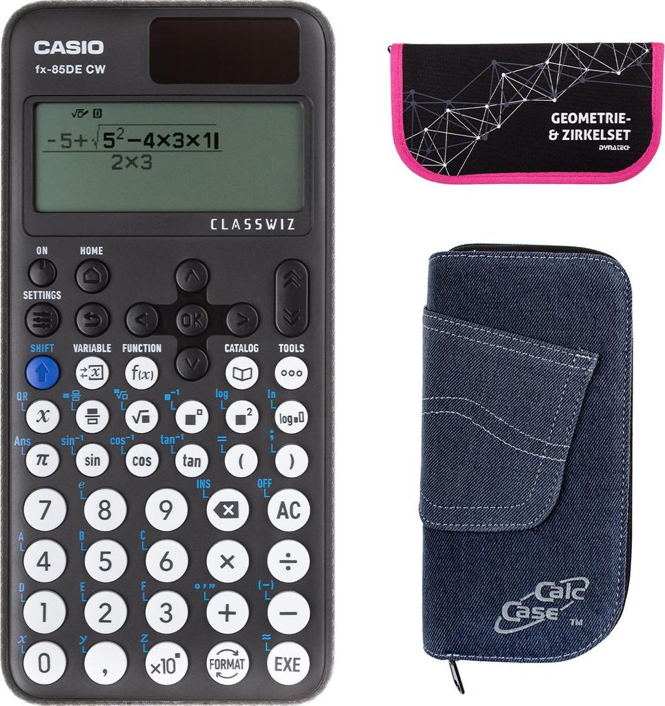 Casio FX-85 DE CW mit Jeans-Tasche dunkelblau und Zirkelset pink