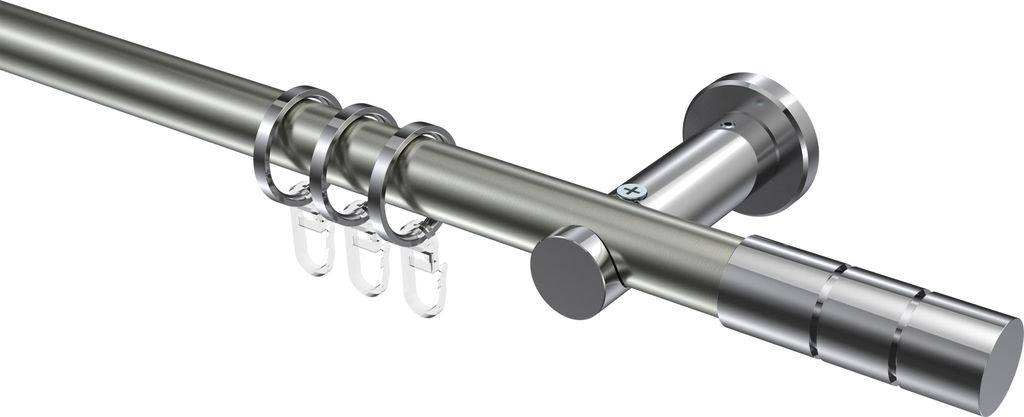Interdeco Gardinenstange / Vorhangstange Edelstahl-Optik / Chrom, Typ Platon Elanto (Rillenzylinder), 20 mm Ø 1-läufig, 200 cm