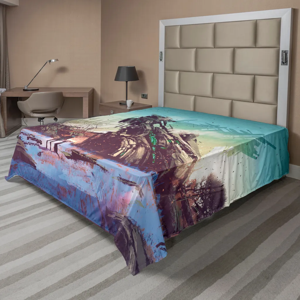 Drap plat grand lit décoratif motif homme chien et vaisseau spatial