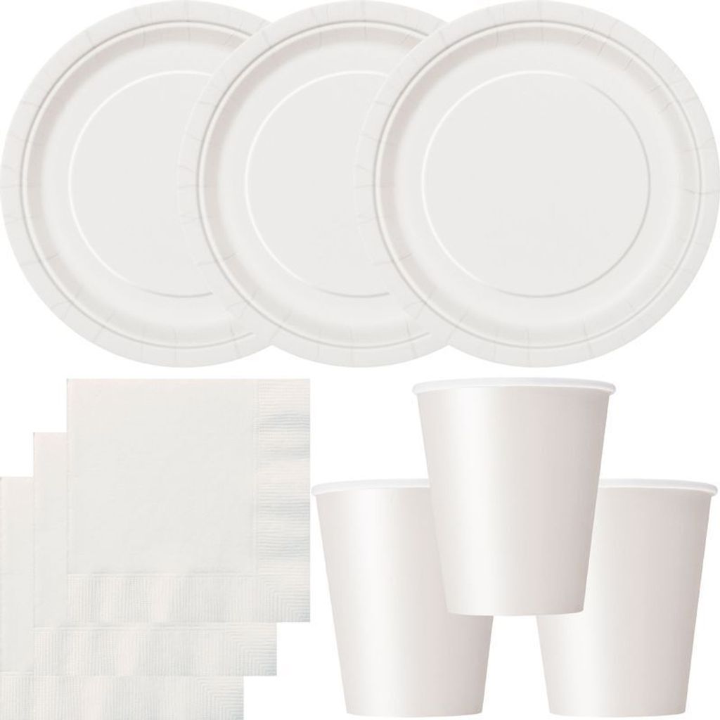Party Deko Set weiss Einweggeschirr für 16 Personen Teller, Becher, Servietten Hochzeit Geburtstag