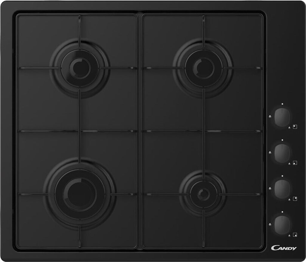 A top-down view of a black gas hob with four burners and control knobs on the right side.