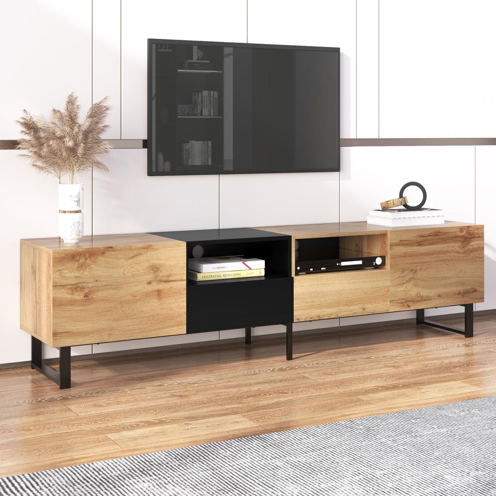Sweiko Moderner TV-Ständer mit schwarzem und holzfarbenem Design – geräumiger Stauraum, robuste Konstruktion