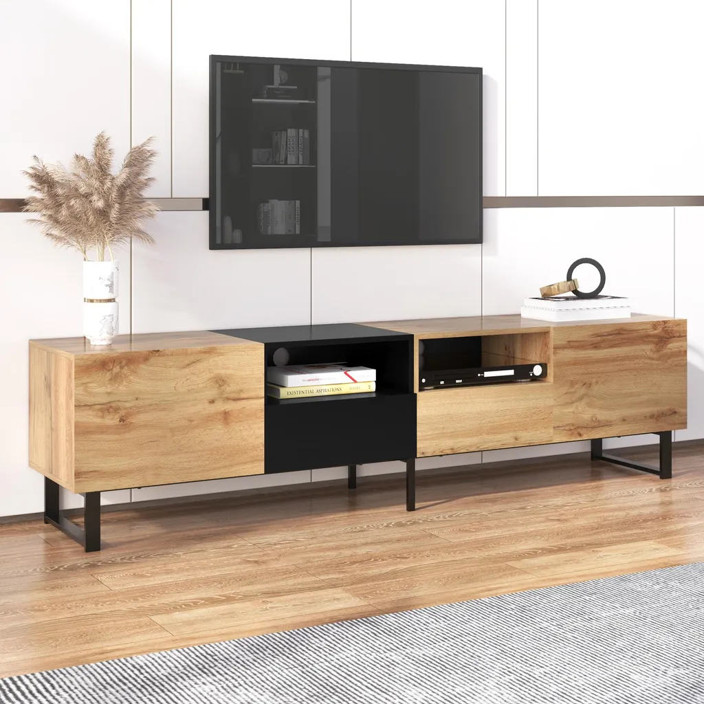 Meuble TV Moderne Noir et Bois Sweiko : Banc TV avec Rangement Spacieux